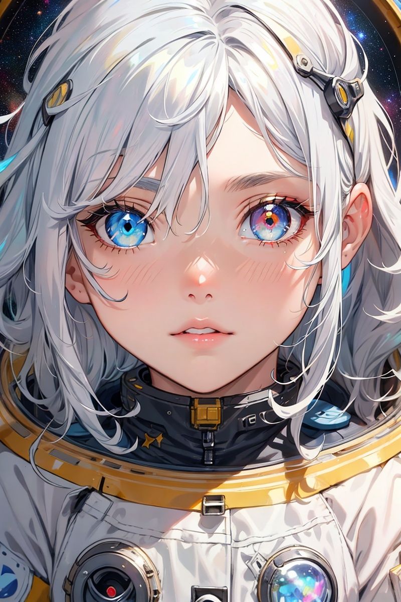 Heterochromia， blue eyes，（yellow eyes：2.0） close-up,photo,masterpiece, best quality, space, astronaut, silver hair, messy hair, space helmet,colorful stars, radiant light, heterochromia, big lips, blue eyes，（yellow eyes：2.0）