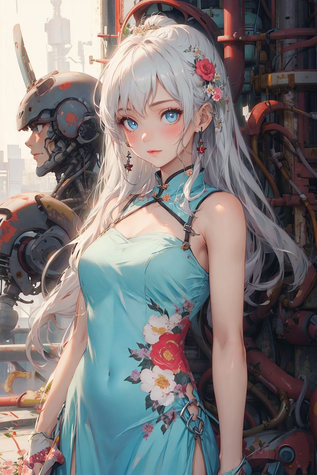 1girl, elegant floral dress, beautiful eyes, upper body, 8k,32k,高清,machinery,, Mecha,32