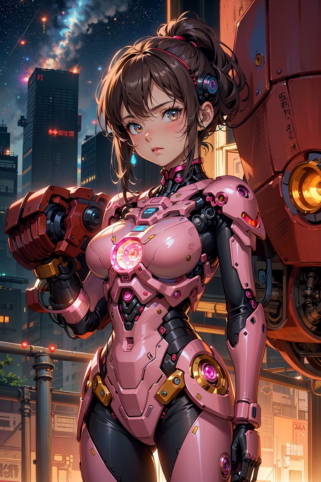 a girl,blue， city,red power armor,brown hair,The glowing energy ring on the chest,realistic, building, glowing, science fiction,vibrant details,beautiful background, octane render, H. R. Giger style,best quality, masterpiece, illustration, an extremely delicate and beautiful, extremely detailed ,unity ,wallpaper,photo-realistic,Amazing, finely detail,best quality,official art, extremely detailed,unity,Pink Mecha,Honey Mecha,machinery,, Mecha,lightning,drawing,真实,照片,32k,高清,32