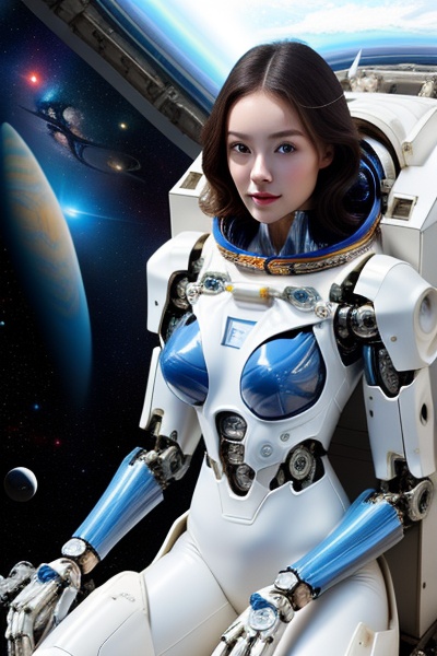 masterpiece, best quality, 1girl, translucent skin,  Blue and White bodysuit, mechanical, cowboy shot, space, sitting, from above, large breasts, bone, （Spacesuit：1.0），（Mecha：1.0） ,machinery,, Mecha,