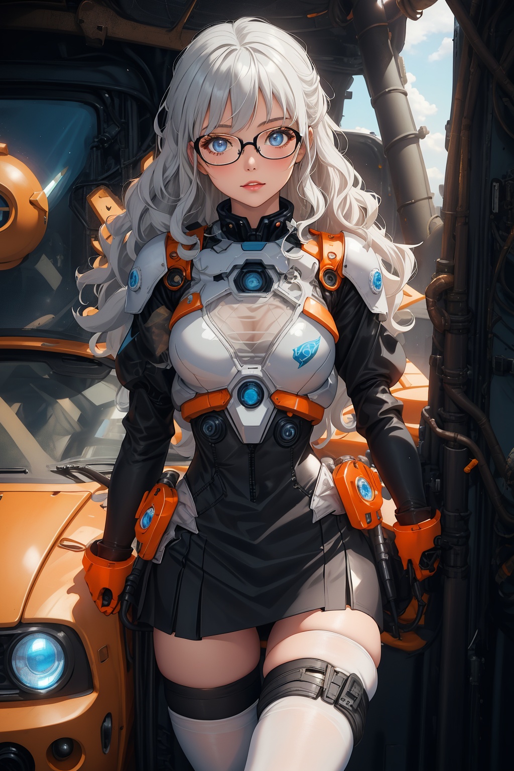(upper body:0.8),science fiction,1girl,glasses,curly hair,tights,Tights,battle suits,Plastic skirt,(transparent material:0.9),low cut,long white hair,black stockings,translucent material,(gray and bright orange:1.1),ground vehicle,Pixar, , ,blue_IDphoto, , , 
