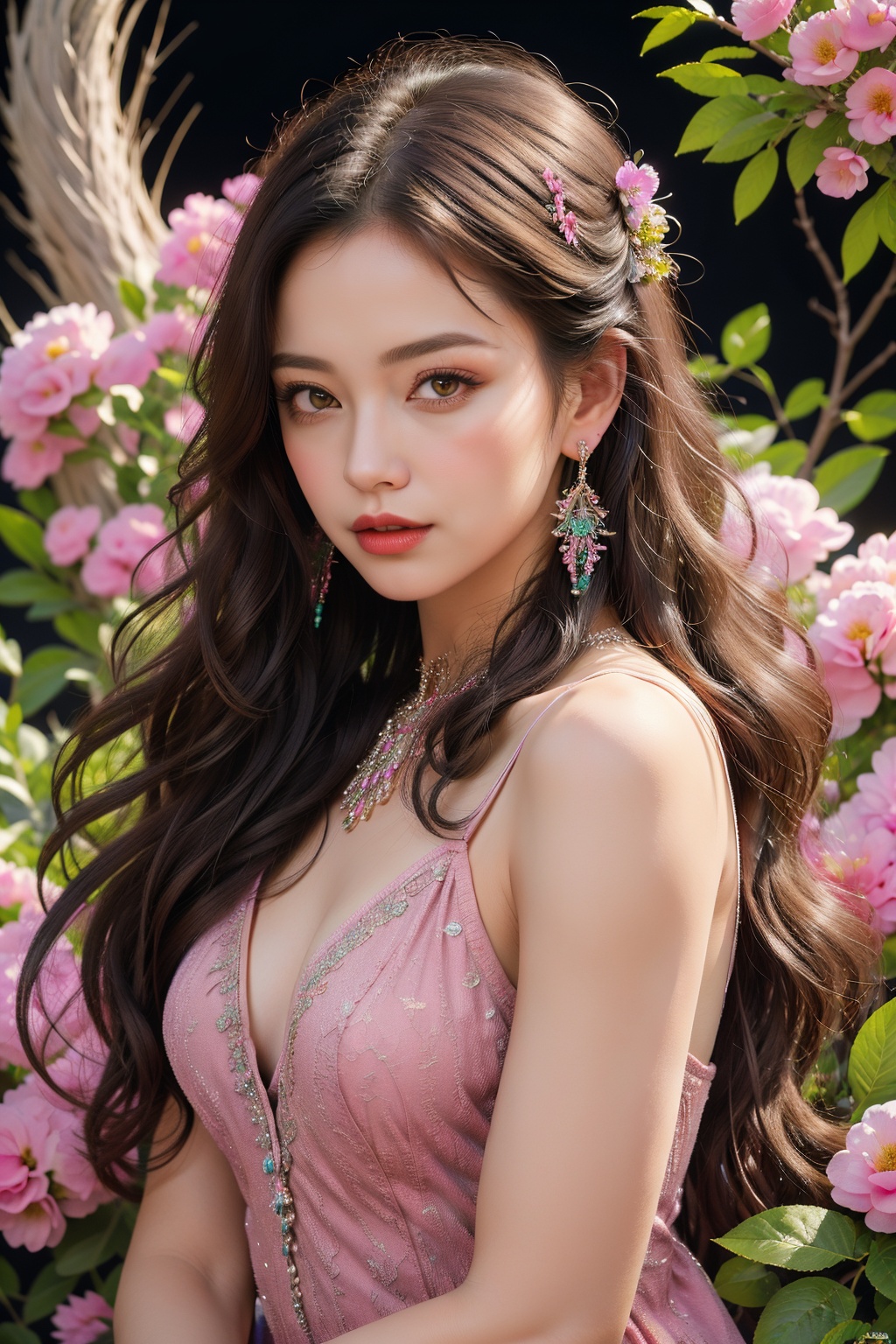 best quality, masterpiece, (realistic:1.4), (masterpiece, top quality, best quality, official art, beautiful and aesthetic:1.2), (1girl:1.3), extremely detailed, (fractal art:1.1), (colorful:1.1), (flowers:1.3), highest detailed, (zentangle:1.2), (dynamic pose), (abstract background:1.3), (shiny skin), (many colors:1.4), (earrings), , fox girl, partially unbuttoned, 