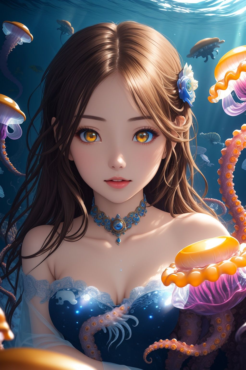  best quality,Amazing,Beautiful golden eyes,finely detail,Depth of field,extremely detailed CG unity 8k wallpaper,(1 girl :1.5),Deep sea background,jellyfish,masterpiece,fluttered detailed splashs, beautiful detailed water,cosmic eyes,Shock sensation,(realistic :0.5),octopus,original, 
, new_blue_b