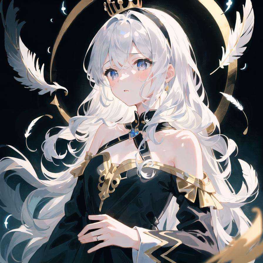 (((masterpiece))),best quality, illustration,(beautiful detailed girl), a girl ,solo,bare shoulders,flat_chest,diamond and glaring eyes,beautiful detailed cold face,very long blue and sliver hair,floaing black feathers,wavy hair,black and white sleeves,gold and sliver fringes,a (blackhole) behind the girl,a silver triple crown inlaid with obsidian,(stand) on  the black ((mountain)), (depth) of (field),