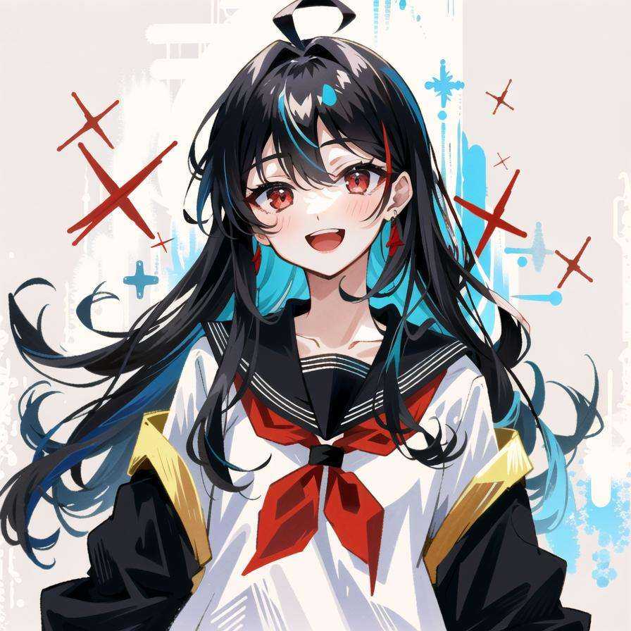 detailed,best quality,masterpiece,illustration,wallpaper,,1girl,solo,upper bodywhite bow,:d,smile,eyeliner,long hair, black hair,(ahoge:1.2),bangs,hair between eyes,gray inner hair,red eyes,looking at viewer,black sailor collar,black serafuku,long sleeves,dimly lit