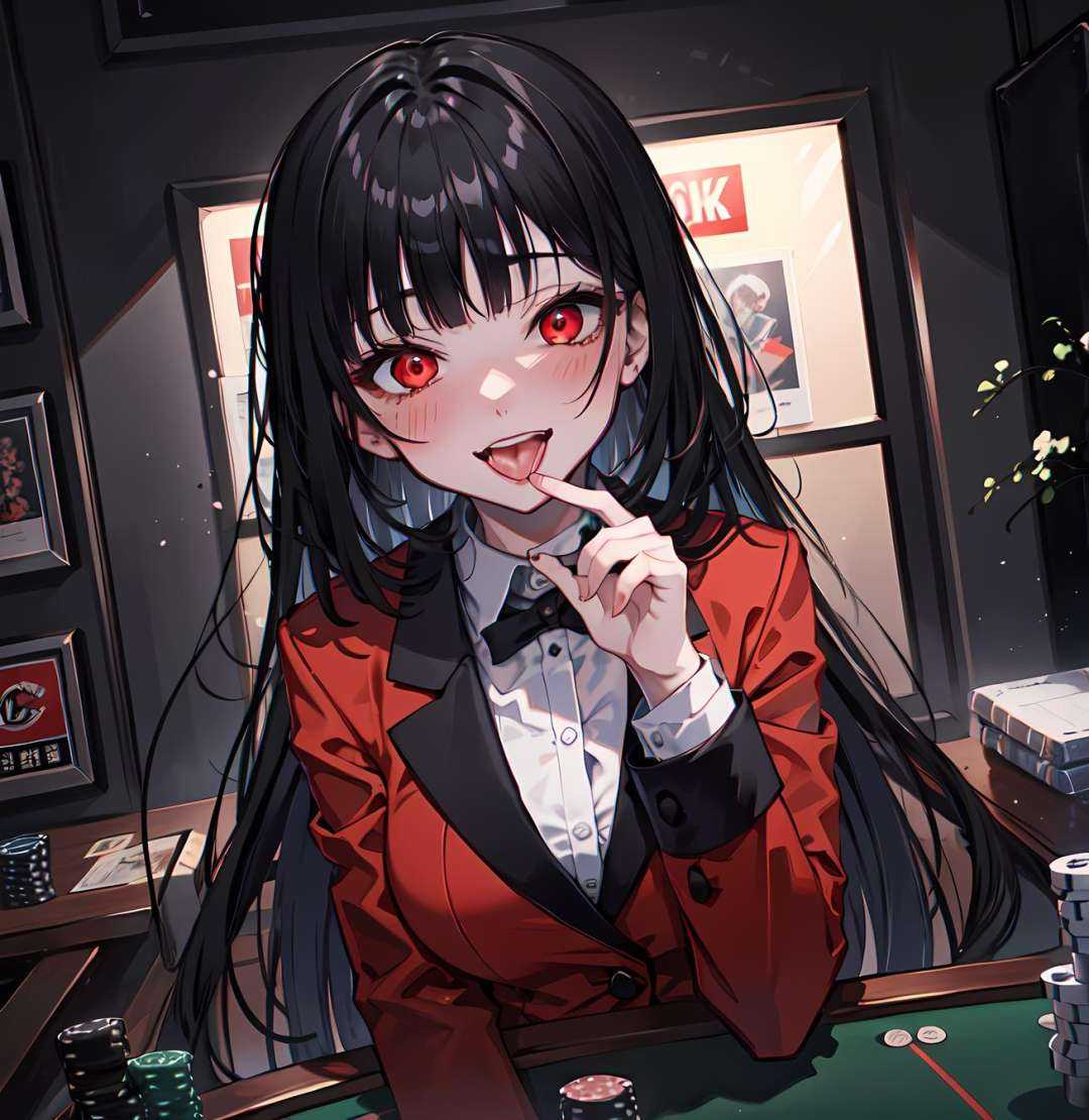black and white,casino,poker chips,(backround of playing card cover:0.4),(masterpiece:1.6, best quality), (ultra-detailed:1.1),(novel illustration:1),<lora:JabamiYumeko_jyV1:0.4>,very long hair, black hair, jacket, red_jacket, red_eyes,<lora:beautifulDetailedEyes_v10:0.2>, bangs, school uniform, straight hair, blunt bangs,crazy smile,blush,ahegao,tongue out,
