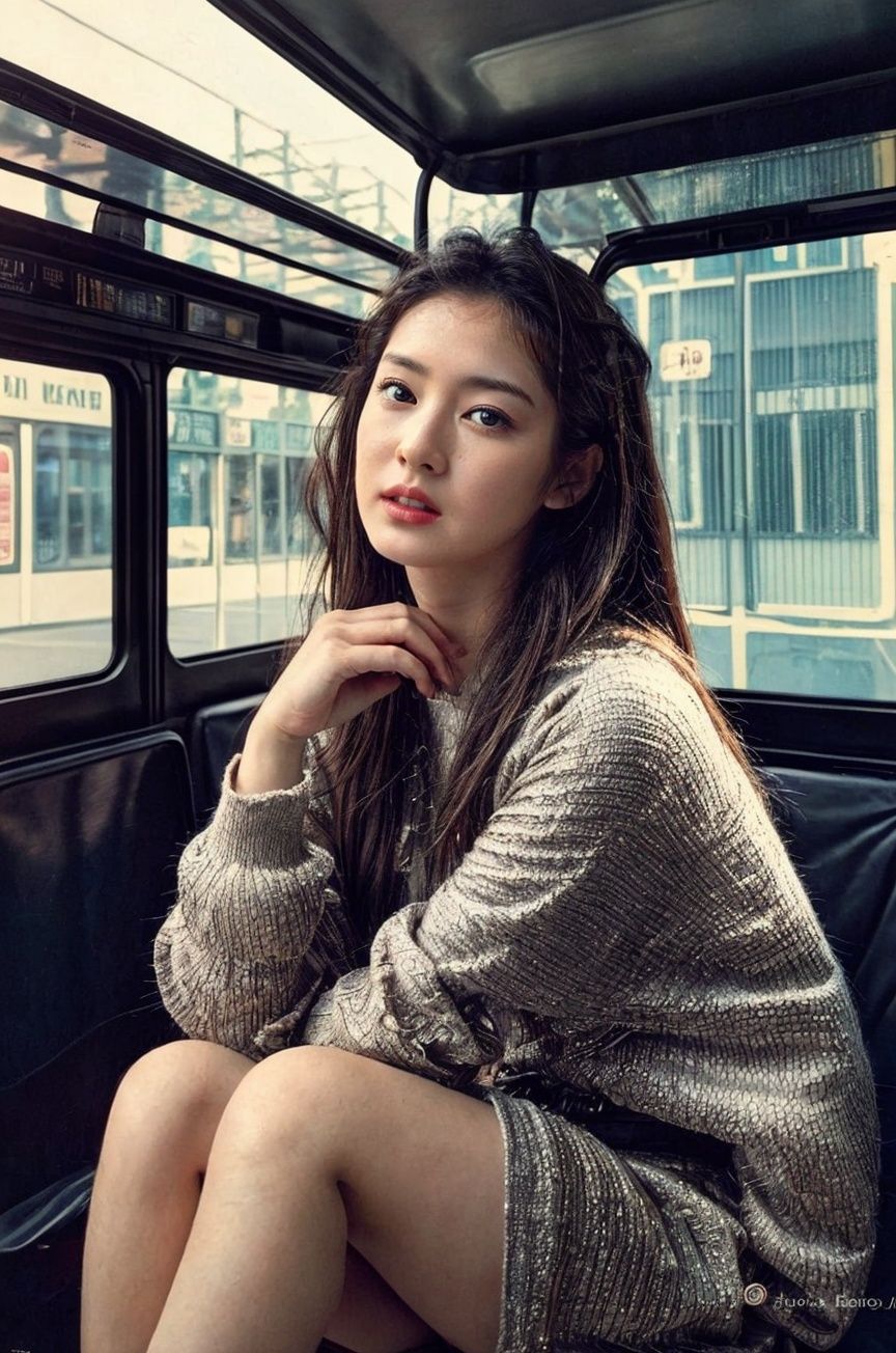 (best quality, top quality, masterpiece), photorealistic, art photography, retro vibe, 1960’s, beautiful and aesthetic, intricate details, ultra-detailed, cinematic shot, hard lighting, hard shadow, (1girl, solo), beautiful detailed face, (beautiful girl, petite), sit on a empty bus stop, urban, hippie style outfit, (fullbody), 