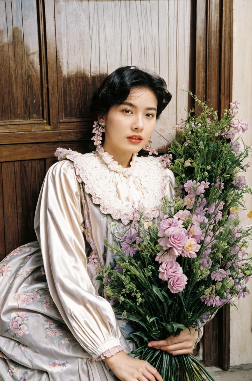 (best quality, top quality, masterpiece), RAW photo, (photorealistic, hyperrealism), beautiful and aesthetic, official art, cinematic shot, intricate detalis, ultra-detailed, (fashion campaign), 1930s french, (retro style), Vogue, Elle, artistic, fashion-forward, high fashion, vivid, colorful, pastel tone, (alluring girl), (|blonde:1.05), beautiful and detailed face, shiny glossy skin, (2$$|eyelashes|mole:1.05), voluptuous, (|indoor|outdoor:1.05), flowers, plants ((fullbody)),  <lora:film styleLora_v20:1>
