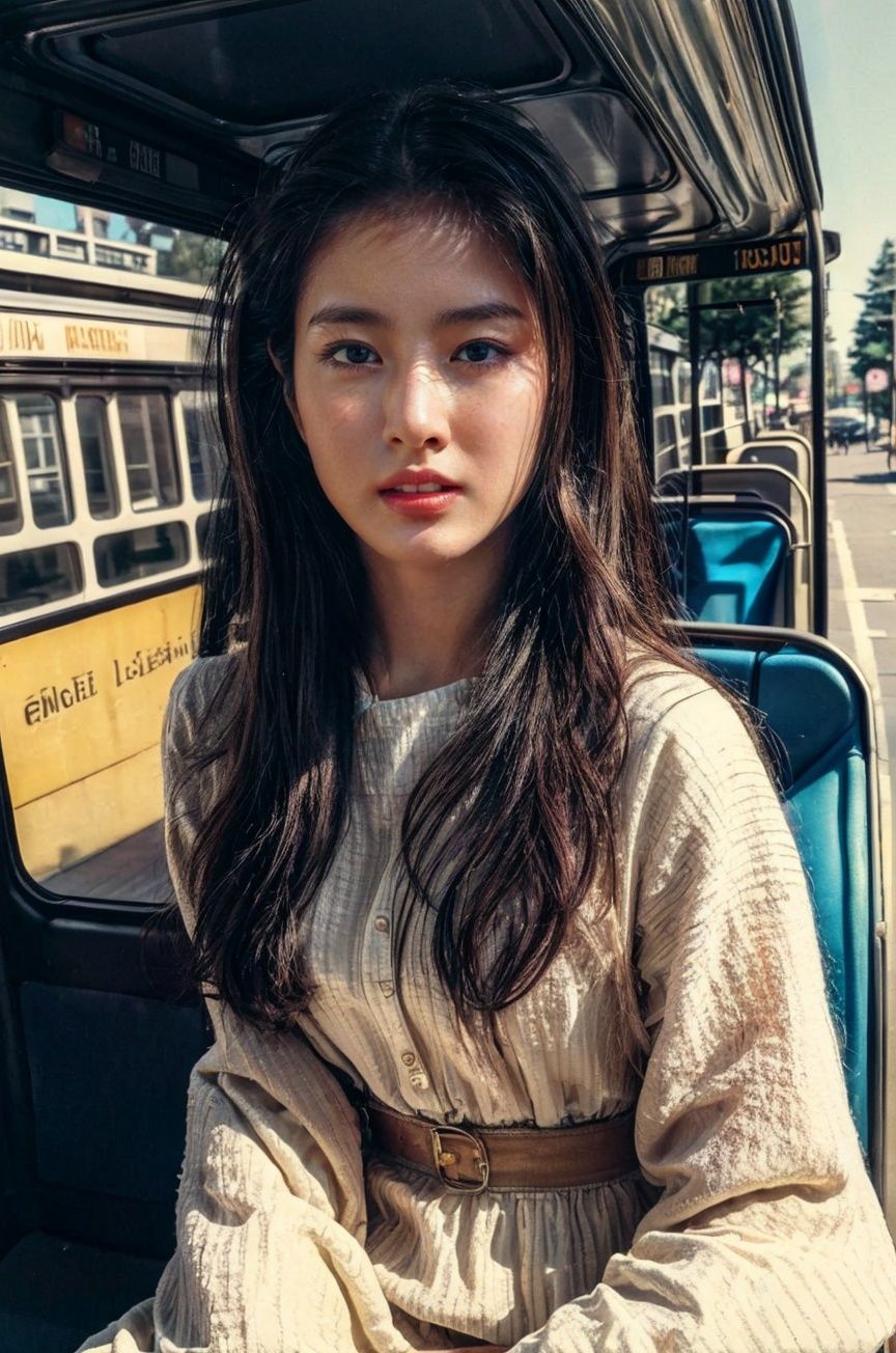 (best quality, top quality, masterpiece), photorealistic, art photography, retro vibe, 1960’s, beautiful and aesthetic, intricate details, ultra-detailed, cinematic shot, hard lighting, hard shadow, (1girl, solo), beautiful detailed face, (beautiful girl, petite), sit on a empty bus stop, urban, hippie style outfit, (fullbody), <lora:film:0.8>, <lora:80s Japan:0.8>