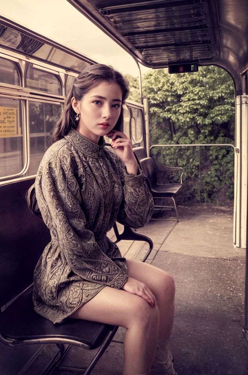 (best quality, top quality, masterpiece), photorealistic, art photography, retro vibe, 1960’s, beautiful and aesthetic, intricate details, ultra-detailed, cinematic shot, hard lighting, hard shadow, (1girl, solo), beautiful detailed face, (beautiful girl, petite), sit on a empty bus stop, urban, hippie style outfit, (fullbody), 