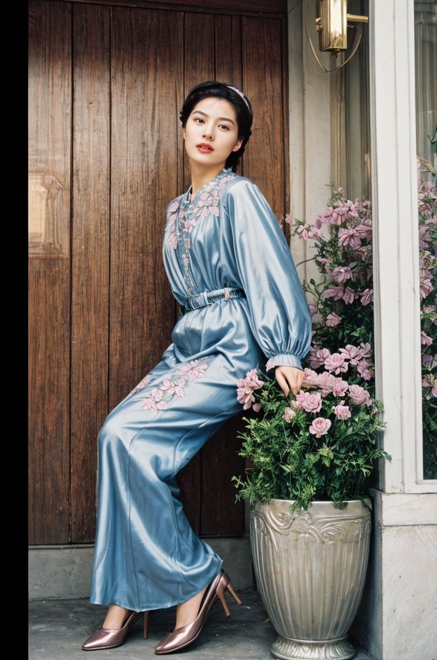 (best quality, top quality, masterpiece), RAW photo, (photorealistic, hyperrealism), beautiful and aesthetic, official art, cinematic shot, intricate detalis, ultra-detailed, (fashion campaign), 1930s french, (retro style), Vogue, Elle, artistic, fashion-forward, high fashion, vivid, colorful, pastel tone, (alluring girl), (|blonde:1.05), beautiful and detailed face, shiny glossy skin, (2$$|eyelashes|mole:1.05), voluptuous, (|indoor|outdoor:1.05), flowers, plants ((fullbody)),  <lora:film styleLora_v20:1>