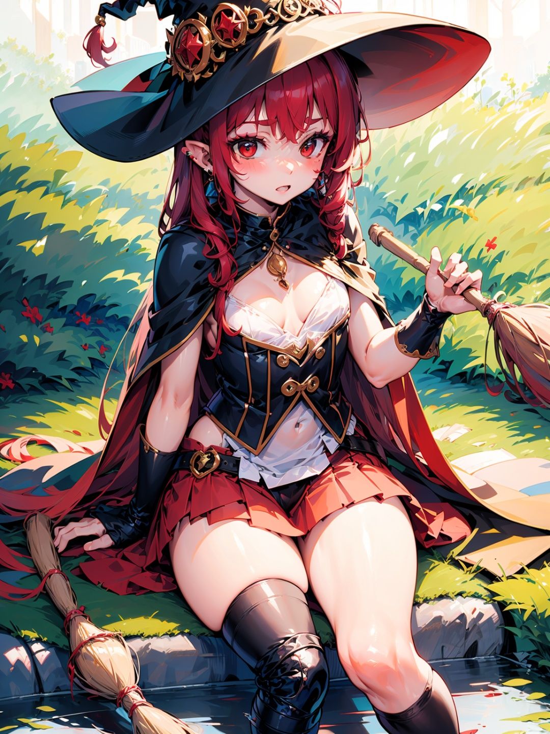 (masterpiece), (best quality),make up, blush, earring, <lora:geniewiz:0.9>, witch hat, red hair, broom, small breasts, loli, 