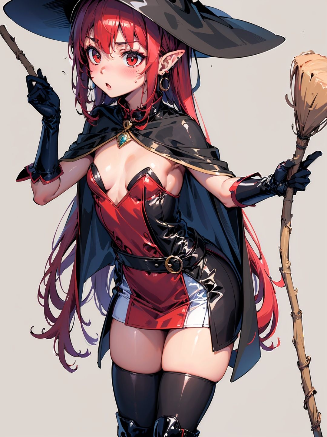 (masterpiece), (best quality),make up, blush, earring, <lora:geniewiz:0.9>, witch hat, red hair, broom, small breasts, loli, 
