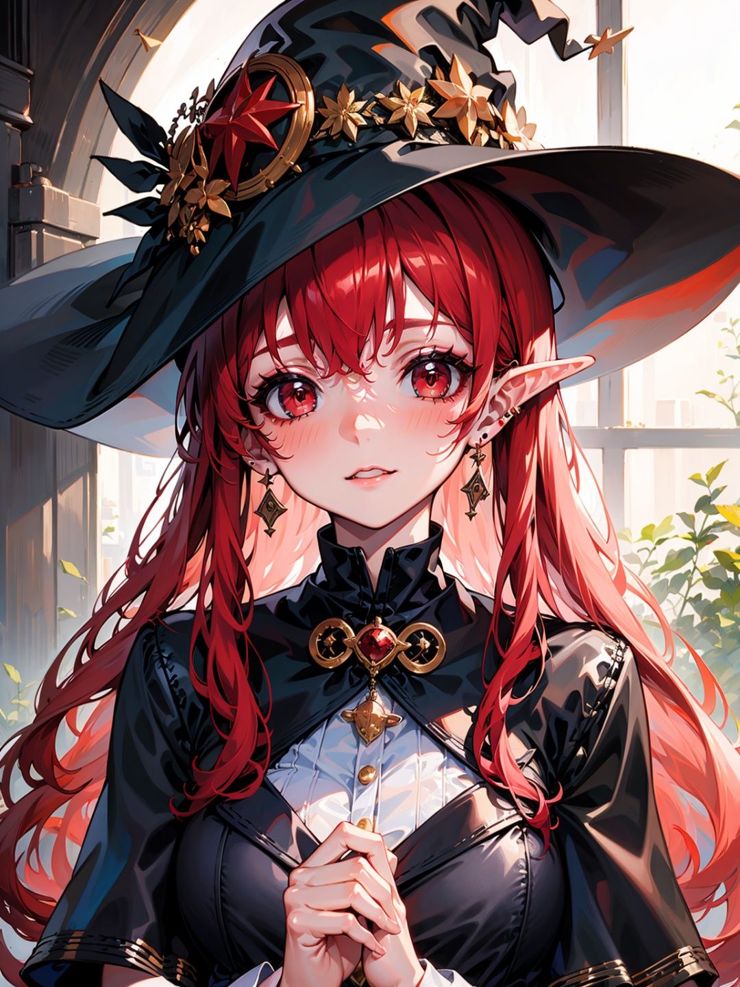 (masterpiece), (best quality),make up, blush, earring, <lora:geniewiz:0.8>, witch hat, red hair, 