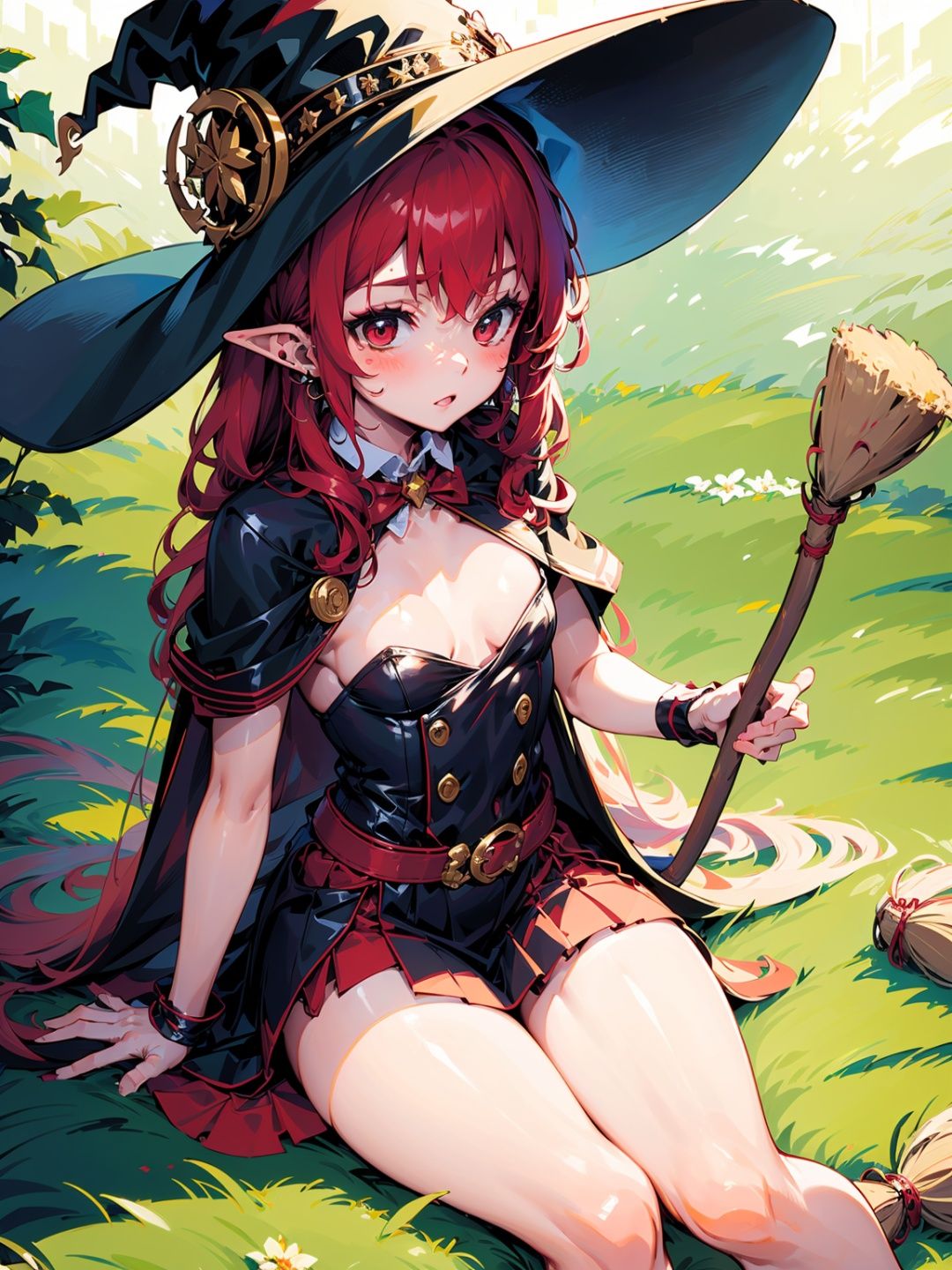 (masterpiece), (best quality),make up, blush, earring, <lora:geniewiz:0.9>, witch hat, red hair, broom, small breasts, loli, 