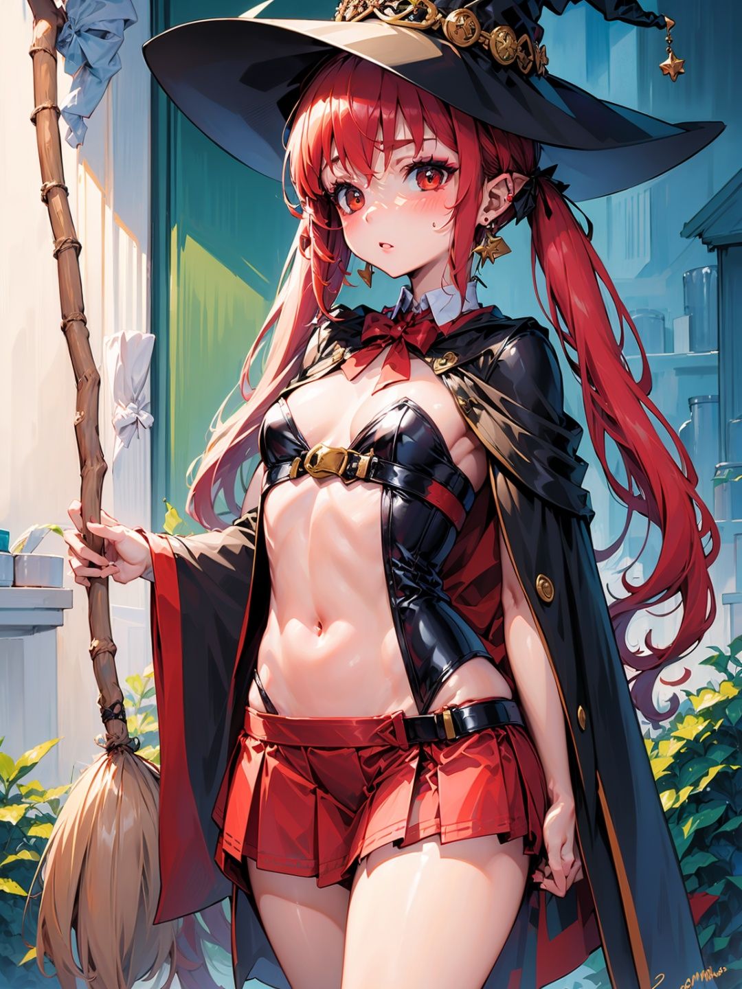 (masterpiece), (best quality),make up, blush, earring, <lora:geniewiz:0.9>, witch hat, red hair, broom, small breasts, loli, 