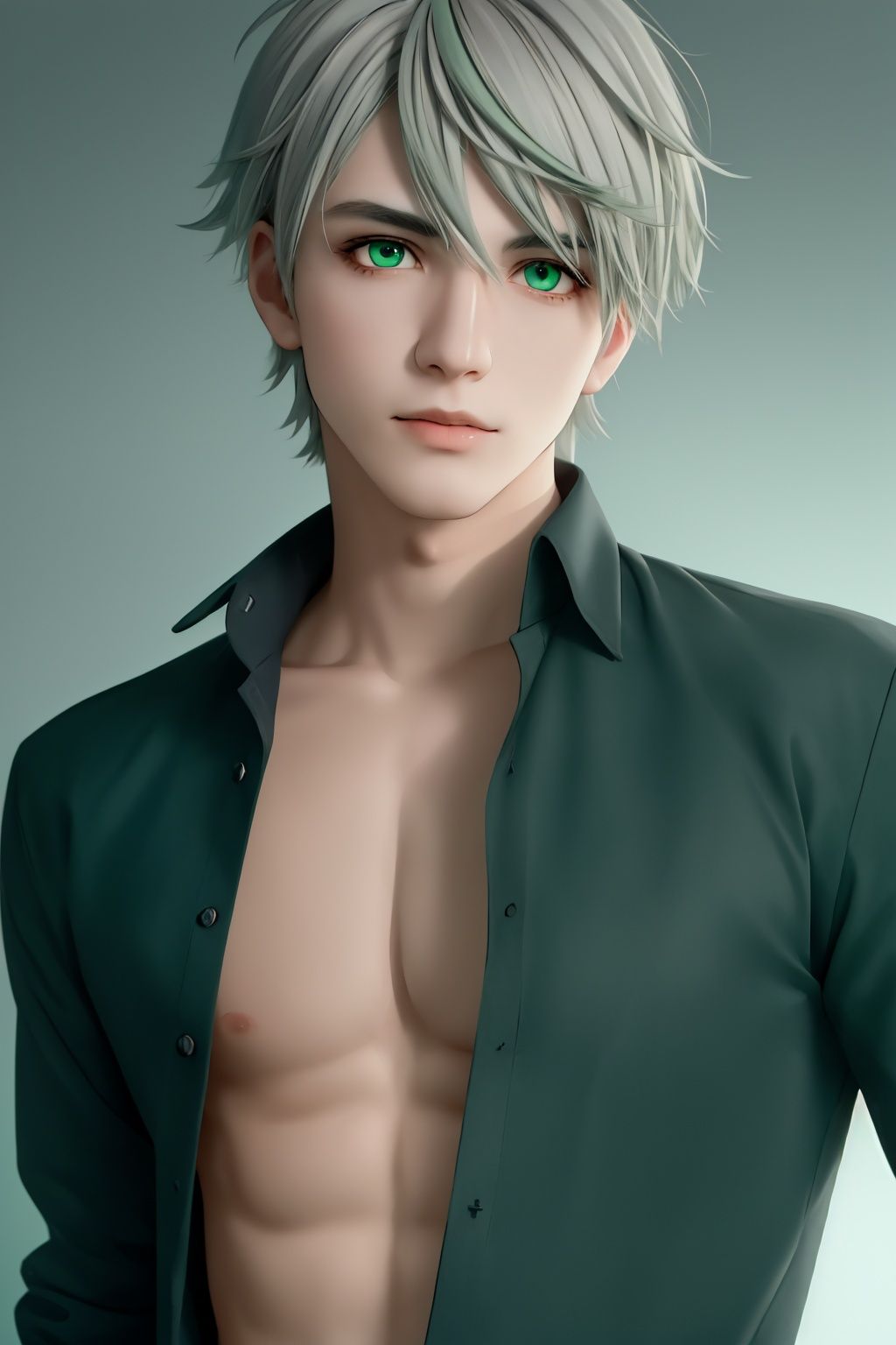 (((masterpiece))), (((best quality))), (extremely detailed), (best illustration), impasto, dainsleif\(genshin impact\), alhaitham\(genshin impact\),((1boy)), (solo), (((face shot))), (((identification photo))), male focus, ((beautiful detailed eyes)), (perfect face), black shirt, (((green eyes))), (((gray hair))), medium length hair, (delicate facial features), ((slender body)), ((white glowing skin)), detailed skin and body, toned male, rich background,