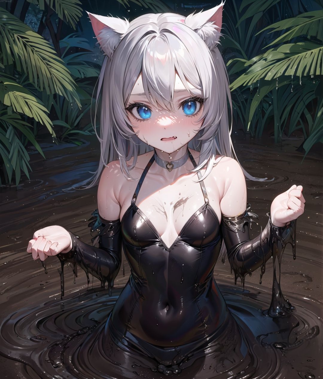 ((upper body,cat girl)),((one girl in mire,small child,loli,dress)),(confused scared face),wet,((mire mud)),(mud spot on body),small breasts,mud wave beside,side light,blue serafuku,clavicle,pelvis,navel
,partially_submerged,girl in mud,girl in mire