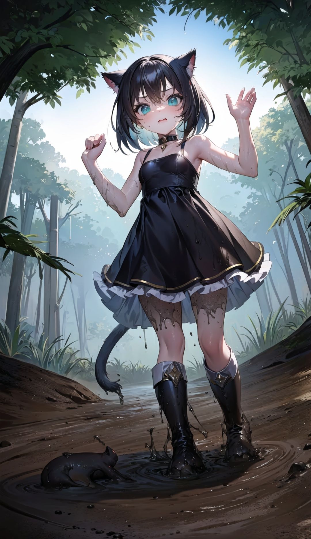 ((full body,cat girl,boots,from below,sky)),((one girl in mire,small child,loli,dress)),(confused scared face),wet,((mire mud)),(mud spot on body),small breasts,mud wave beside,side light,clavicle
,partially_submerged,girl in mud,girl in mire