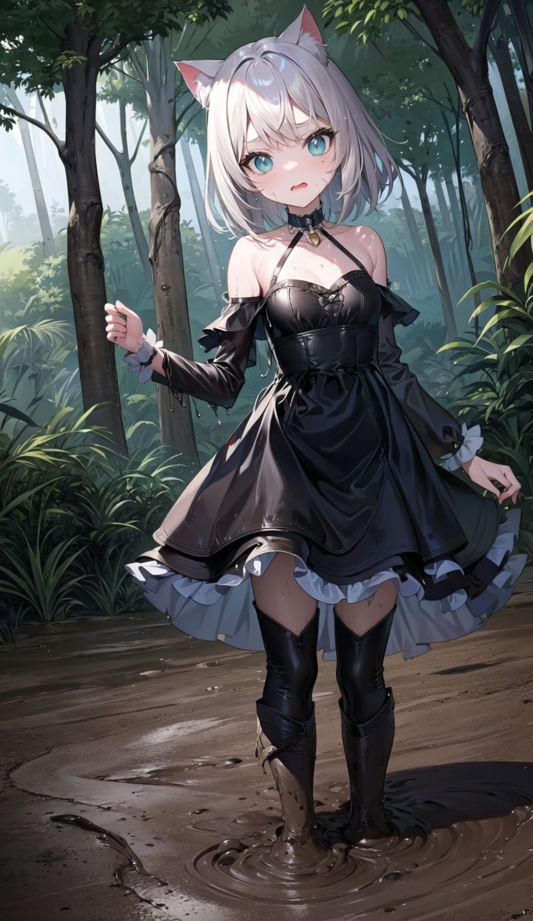 ((full body,cat girl,boots,from below,sky)),((one girl in mire,small child,loli,dress)),(confused scared face),wet,((mire mud)),(mud spot on body),small breasts,mud wave beside,side light,clavicle
,partially_submerged,girl in mud,girl in mire