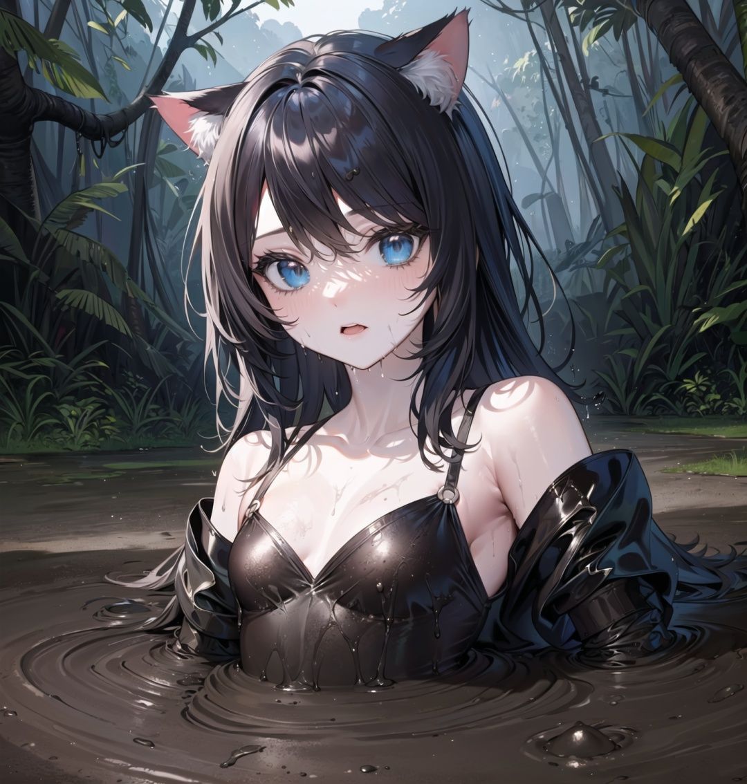 (portrait:1.4),((upper body,cat girl,from below,sky)),((one girl in mire,small child,loli,dress)),(confused,scare),wet,((mire mud)),(mud spot on body),small breasts,mud wave beside,side light,clavicle
,partially_submerged,girl in mud,girl in mire