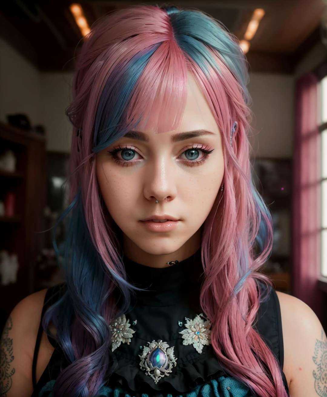 an award winning portrait of a seductive (hlfcol haired girl with pink and blue hair),  hyper realistic,  detailed on Tens...