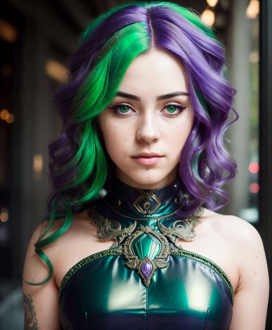 an award winning portrait of a seductive (hlfcol haired girl with green and purple hair),  Metallic dress dress,  hyper re...