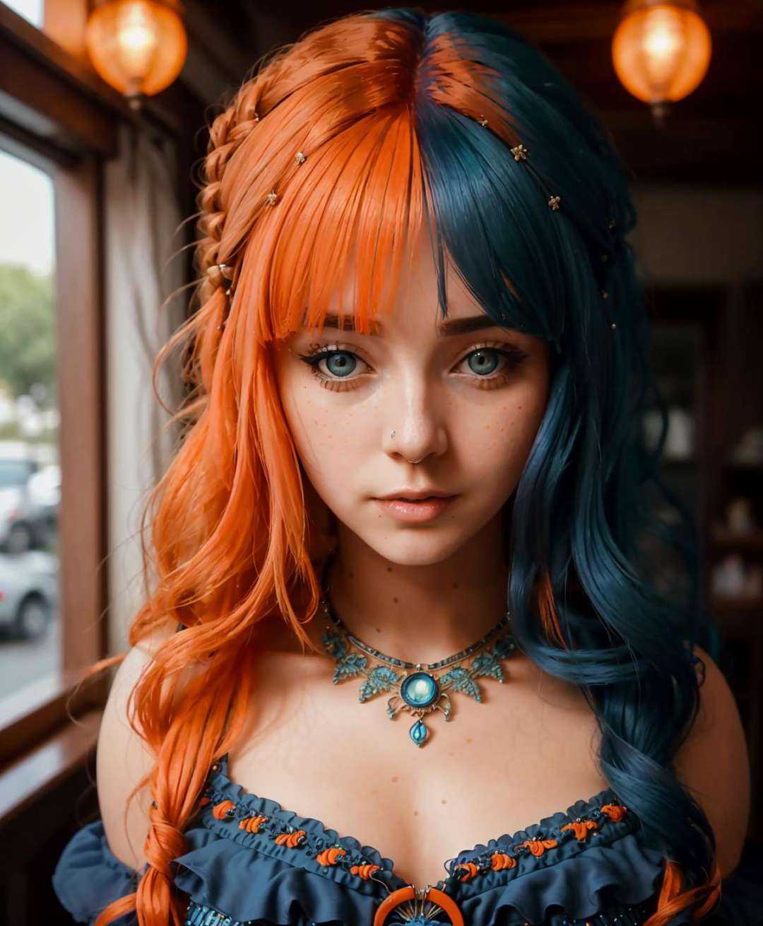 an award winning portrait of a seductive (hlfcol haired girl with blue and orange hair),  Boho mini dress dress,  hyper re...