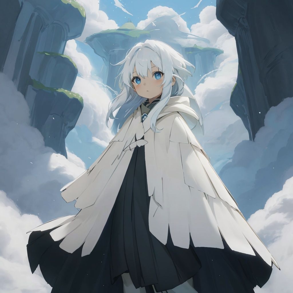 Sky,masterpiece,best quality,child,cloak,1girl,<lora:Sky-000006:0.8>,blue eyes,white hair,long hair,