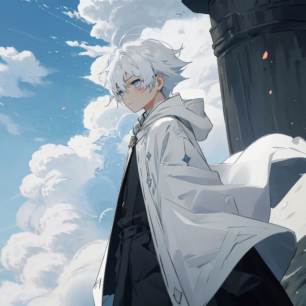 masterpiece, best quality, child, cloak, Sky, 1boy,  <lora:Sky-000006:0.7>,blue eyes, white hair,