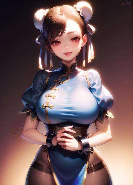 masterpiece, best quality, perfect face, perfect brown eyes with white sclera, <lora:Chun-Li_v2.0:1>, bad-hands-5, solo, 1girl, upper body, brown hair, sf2 chun, chinese clothing, smile, wide hips, muscular female, blue clothes, pantyhose, pelvic curtain, puffy short sleeves, bun cover, sash, rating:safe