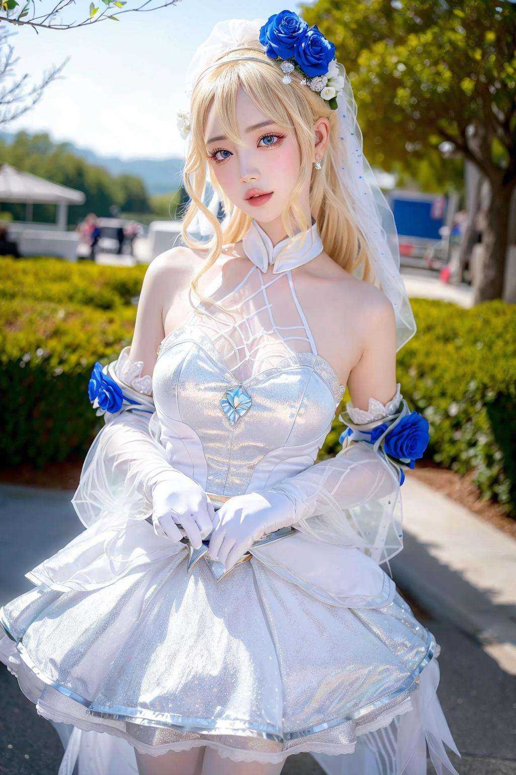 <lora:LuxannaCrystalRose:0.9>,ulzzang-6500-v1.1,(raw photo:1.2),((photorealistic:1.4))best quality ,masterpiece, illustration, an extremely delicate and beautiful, extremely detailed ,CG ,unity ,8k wallpaper, Amazing, finely detail, masterpiece,best quality,official art,extremely detailed CG unity 8k wallpaper,absurdres, incredibly absurdres, huge filesize, ultra-detailed, highres, extremely detailed,beautiful detailed girl, extremely detailed eyes and face, beautiful detailed eyes,light on face,cinematic lighting,1girl,see-through,outdoors, blue_flower, blue_rose, rose, blue_flower, bridal_veil, wedding_dress, white_dress, gloves, white_legwear,blue_eyes