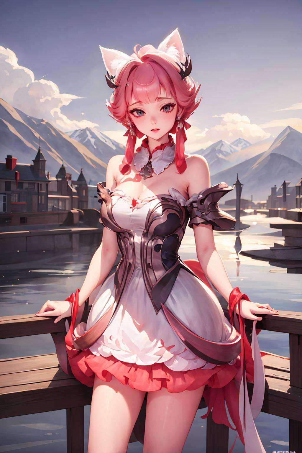 8K, ultra high resolution, ultra high quality, masterpiece,Mountains, lakes1girl, detached sleeves, detached collar, short hair with long locks, strapless, sidelocks <lora:DJ1.4-000012:0.7>