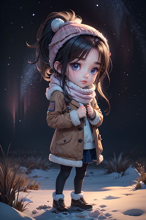 masterpiece,best quality,official art,extremely detailed CG unity 8k wallpaper,1girl, high ponytail, winter uniform, scarf, pov,full body, chibi, starry background, aurora, snowing, <lora:Tuliv1:0.7>
