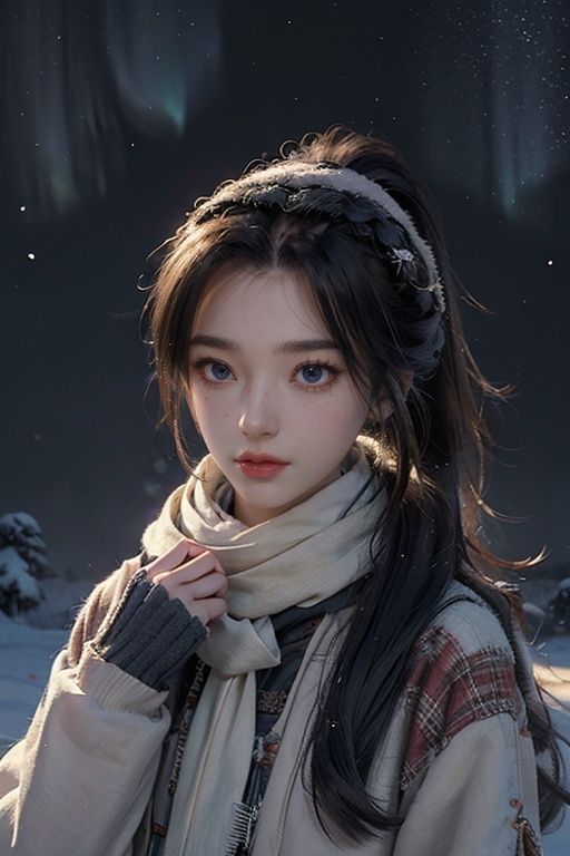 masterpiece,best quality,official art,extremely detailed CG unity 8k wallpaper,1girl, high ponytail, winter uniform, scarf, pov,starry background, aurora, snowing, <lora:Tuliv1:0.7>