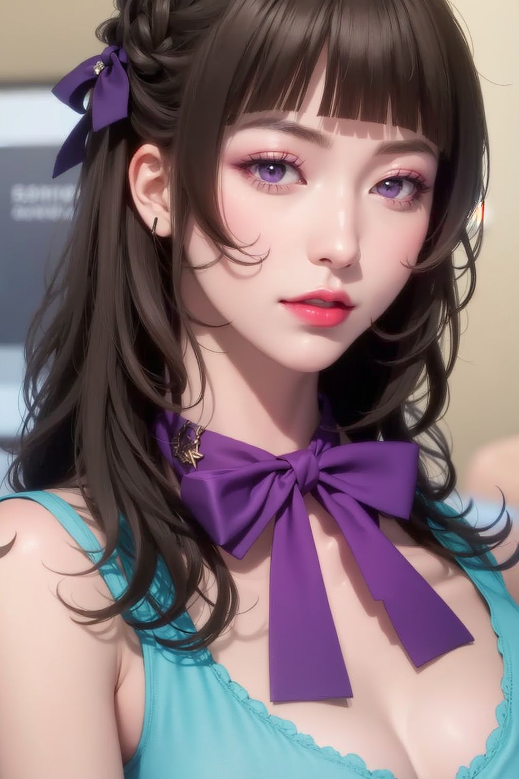 <lora:Gina-000008:0.7>,a girl with long hair wearing a purple shirt and a red bow tie, a character portrait by Nagasawa Rosetsu, featured on pixiv, remodernism, anime, vaporwave, official art,