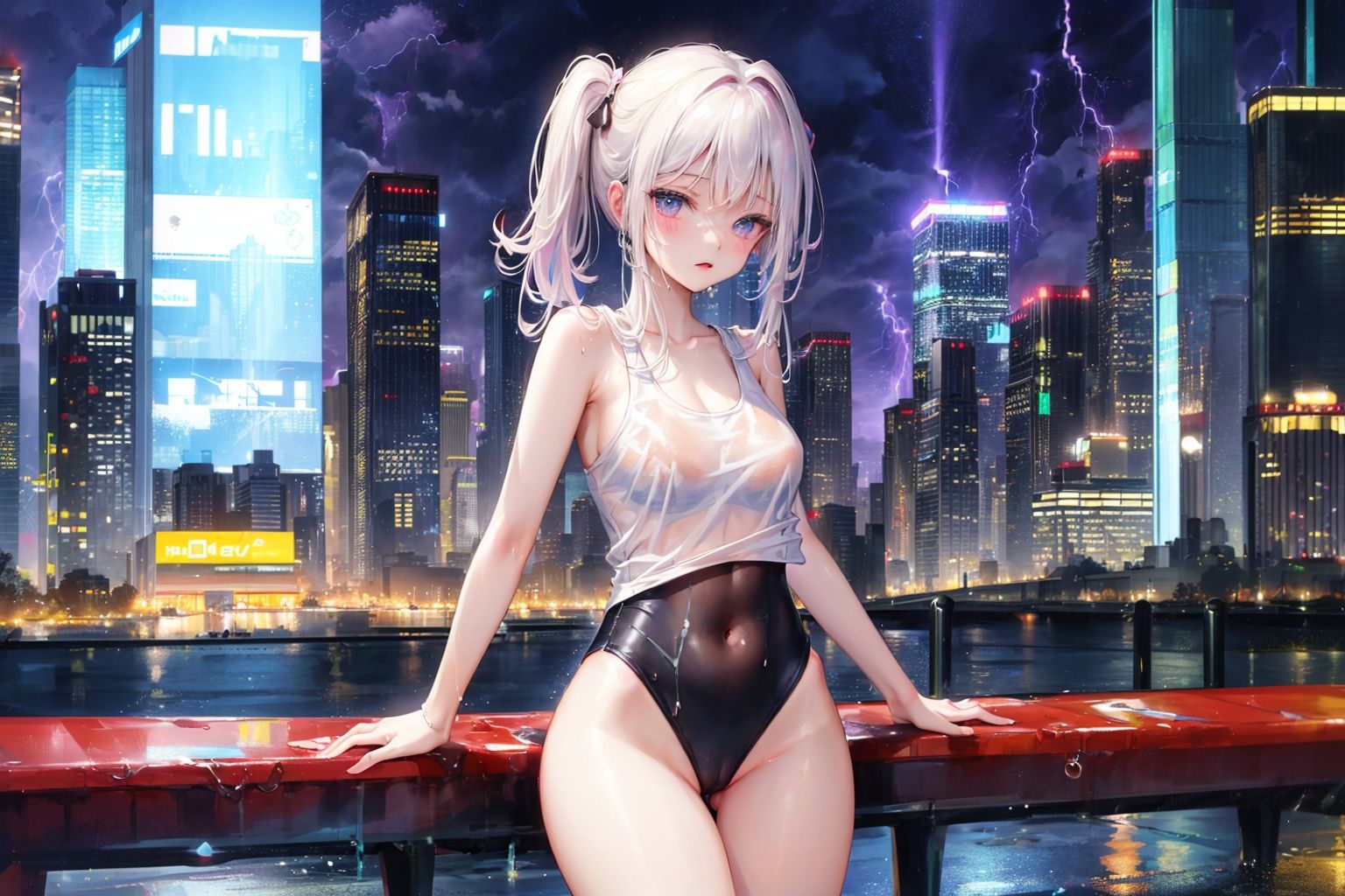 solo(Get wet:1.2)Cowboy(lightning+rainstorm)(leotard+**** top)cityscape,navel,bare belly
