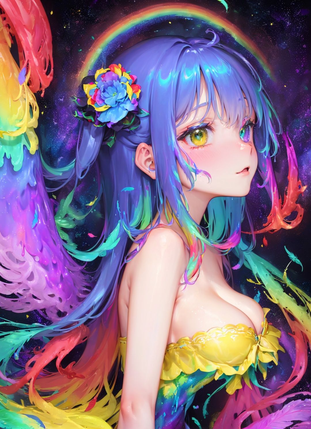 (paint effect:1.3), ((lots of galaxy+rainbow color feathers):1.3), (mixed rainbow color), flowing, (Melted, splashed ink)([1 peacock:1 loli:0.3]:1.2), rainbow hair, cute face, upper body, Hair flowers, decorative art, (Heterochromatic<(purple, yellow)>:1.2), Cleavage, (from side:1.2)rainbow color(lots of feathers:1.3)