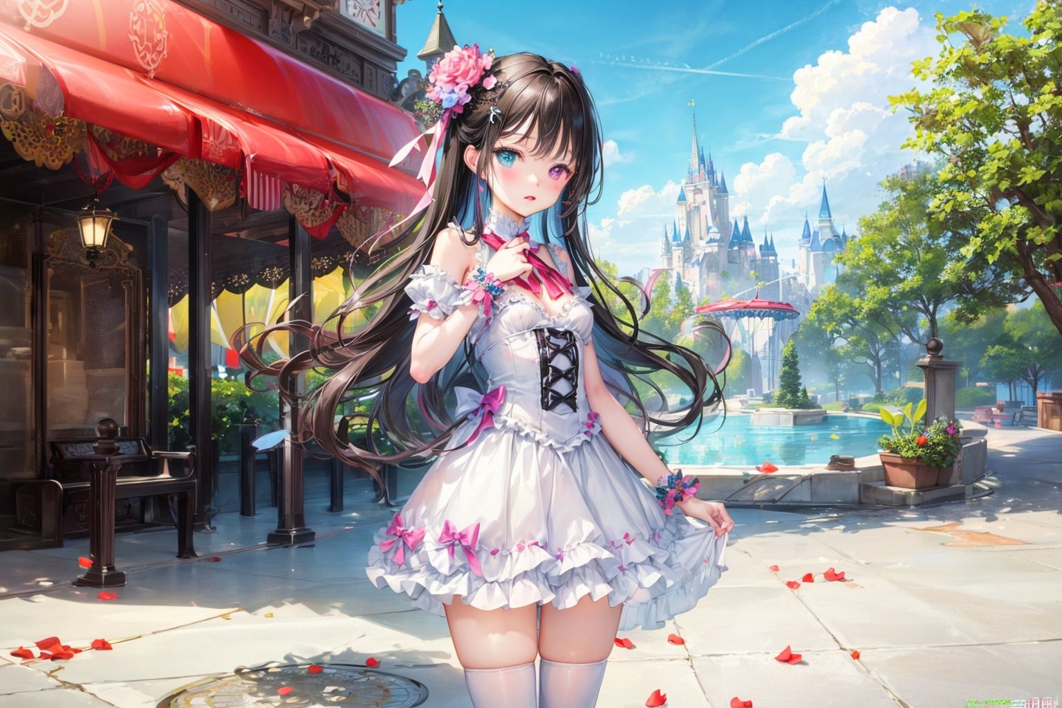 (masterpiece:1.3),((game cg)),(illustration:1.6),((best quality)),((ultra-detailed)),highres,original,shadow,official wallpaper,colorful,amusement park,balloon,ferris wheel,disney,summer,fountain,tree,fog,(cloudy sky),falling petals,(flower),(cowboy shot),[(1girl:1.2,solo,((female child)),(loli),standing,cute:1.1,heterochromia,(slim legs),(white lolita fashion),(black  hair),long hair,(small breasts),looking at viewer,hair ornament)]:0.2,