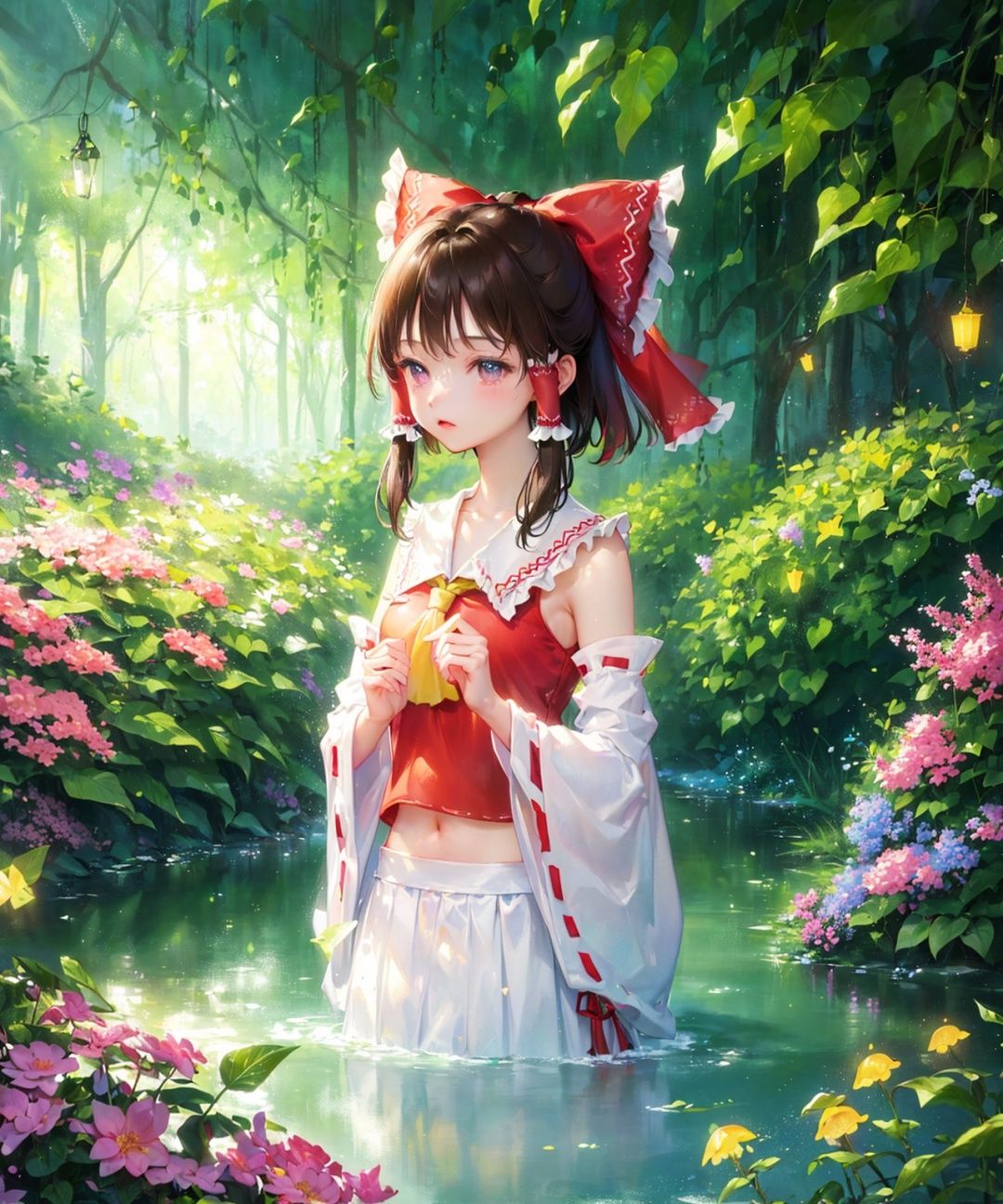 realistic,((masterpiece)),(best quality:1.2),(very fine 8K CG wallpaper1.2),(sunny:1.2),colorful,(ultra-detailed:1.2),(illustration:1.2),(Cinematic Lighting),(In this whimsical and fantastical garden:1.2),(a serene lake sparkles under the light of sun. The scene is further illuminated by the colorful fireflies dancing around the garden),(as droplets of water cling to the lush greenery and vibrant flowers that line the shores of the lake.),(creating a magical ambiance. A gentle drizzle adds to the ethereal atmosphere),1girl,cowboy shot,(Hakurei Reimu:1.3),Brown Hair,Witch Clothing,Shoulder,Large Bow,
