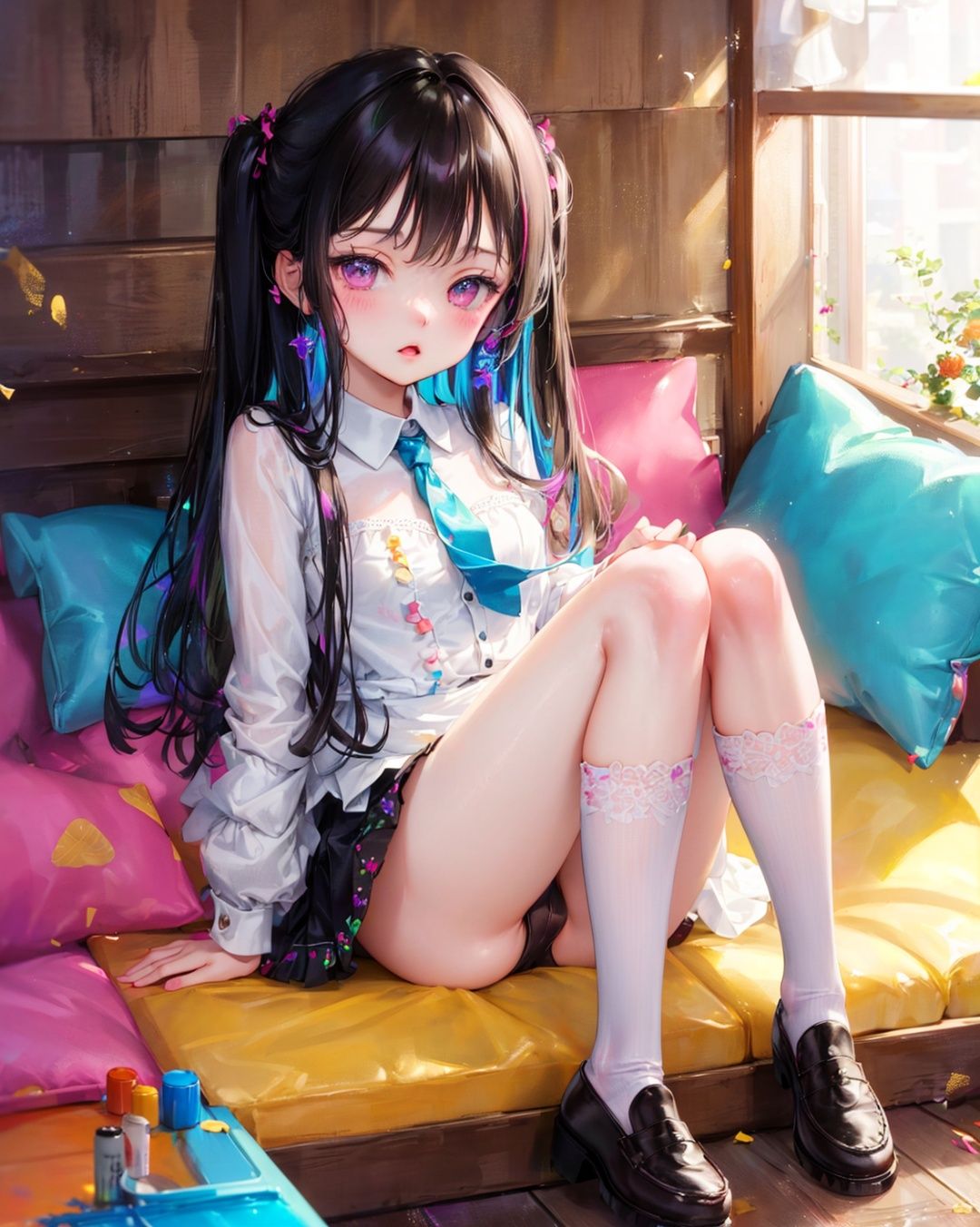 //,masterpiece,((best quality)),(ultra-detailed),(illustration),an extremely delicate and beautiful,dynamic angle,chromatic aberration,((Medium shot)),((colorful)),//,(full body:0.8),1girl,little girl,loli,stampede,full view,stockings_painting,loafers,Paint splash,tie-dye,(pale skin),