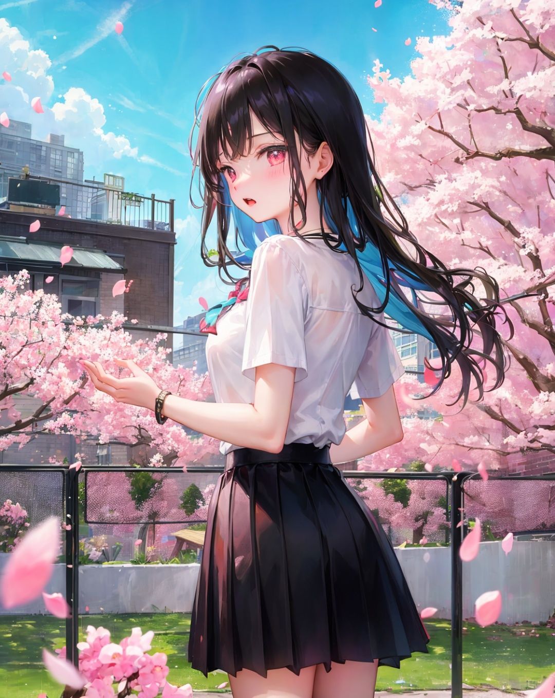 masterpiece,best quality,1girl,black skirt,branch,building,chain-link fence,cherry blossoms,fence,long hair,outdoors,petals,pleated skirt,rain,shirt,short sleeves,skirt,solo,standing,tree,sky,street,baihuaniang,flower,