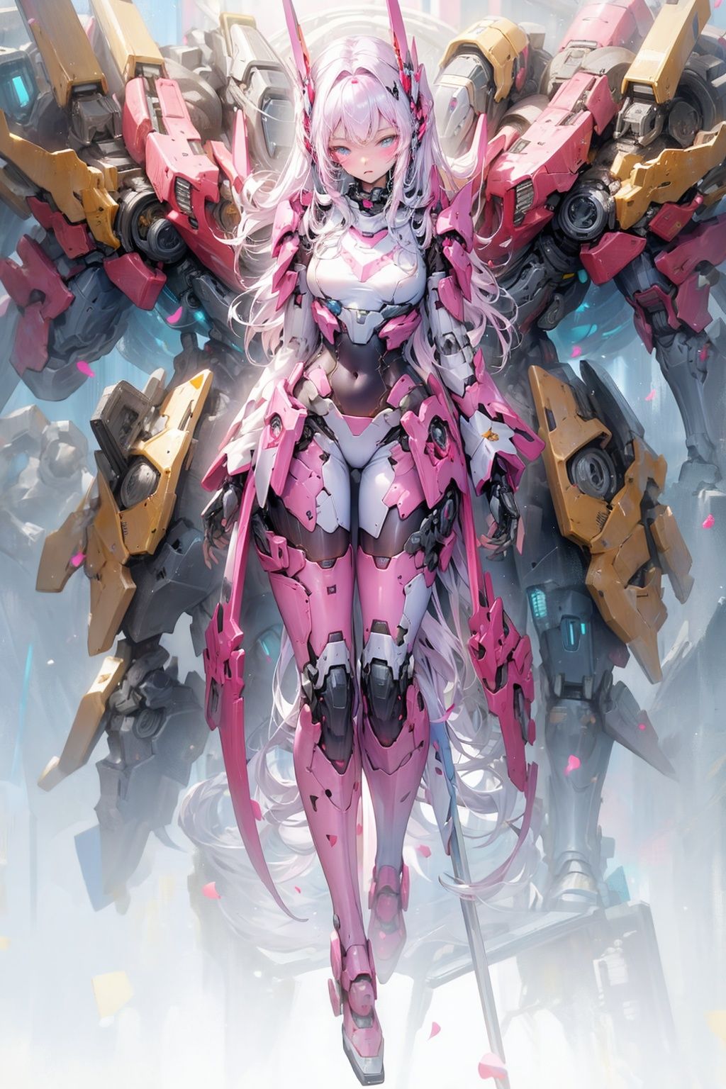 Pink Mecha,Honey Mecha,Mecha all,,full body,Full body mecha,panorama, sideways, negative space, Realistic photography, 8k resolution, real photos, A mech girl with long hair, (full body:1.1), mysterious, photon mapping, radiosity, physically-based rendering, delicate realism, night, (Ruins:1.1), (pink style:1.2), Face covered by mecha，Female figure,Sleeves long mechanical legs, <lora:EMS-604-EMS:0.5>, <lora:EMS-606-EMS:0.7>