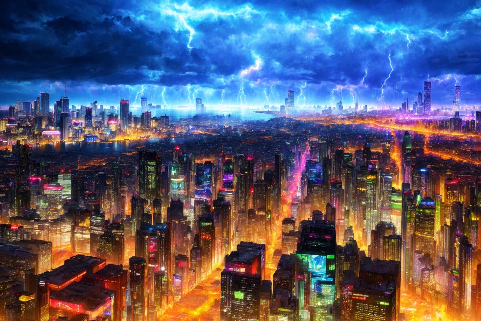 (bird's eye view:1.2),(The city under the dark clouds:1.1),(Phantom Blue:1.1),masterpiece,best quality,,Science fiction,(sci-fi wind:1.1),sense of science and technology,High-tech,future world,City,wet,(Neon Light:1.2),(Horizon:1.1),Clouds,Building,(Lightning:1.2),Heavy rain,Fog,night sky,