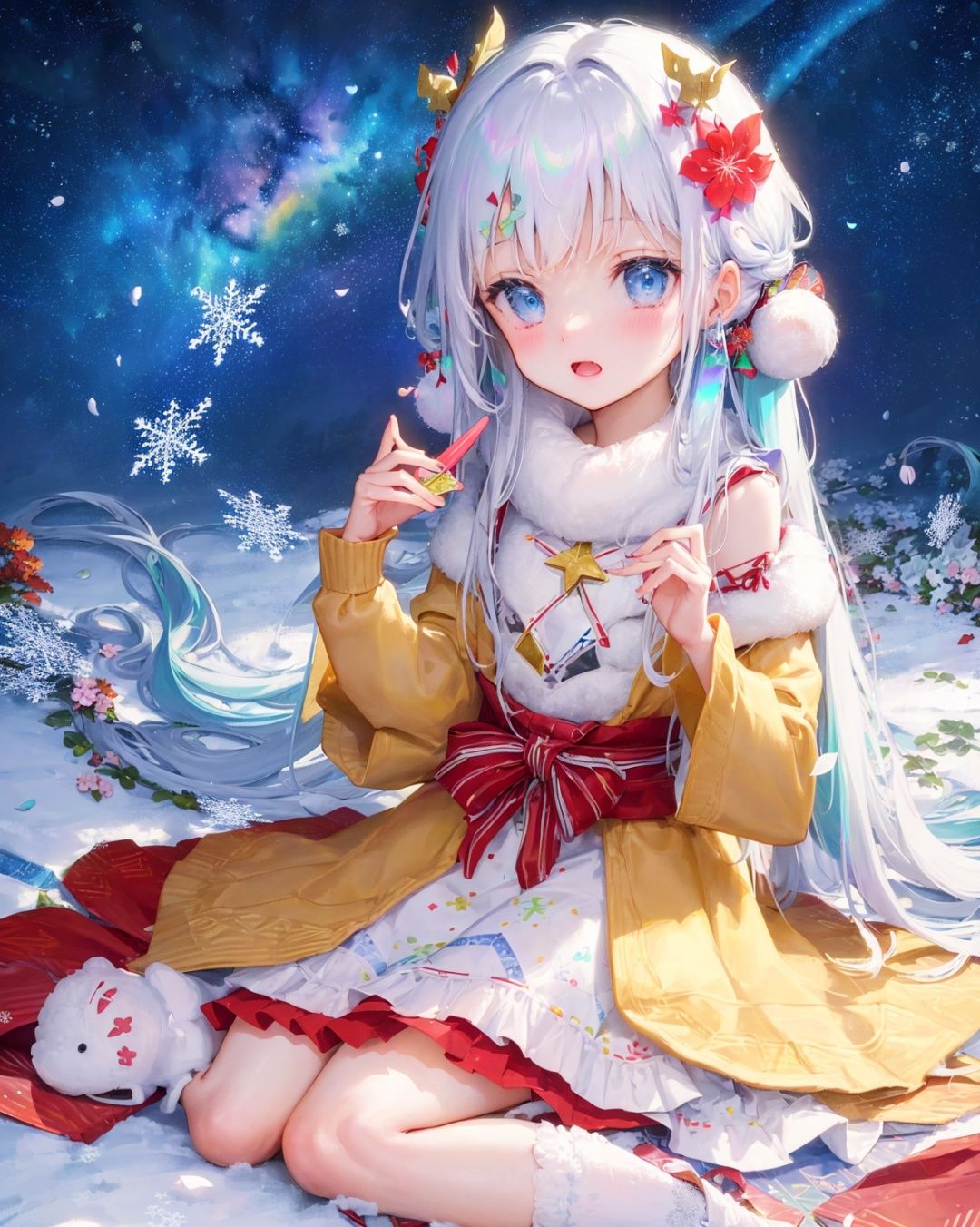((masterpiece:1.4, best quality))+, (ultra detailed)+,1girl, (loli:1.4),silver hair, twintails,very long hair,  blue eyes, flat chest, (Geometric Seasons, seasonal patterns, (spring blossoms:1.2), (Milky Way:1.05), (autumn leaves:0.95),(beautiful snowflakes:1.2), geometric landscapes, natural cycles, weather-inspired designs, color palettes:1.5), (rainbow, firework, beautiful butterfly:1.3), (beige:1.4), 