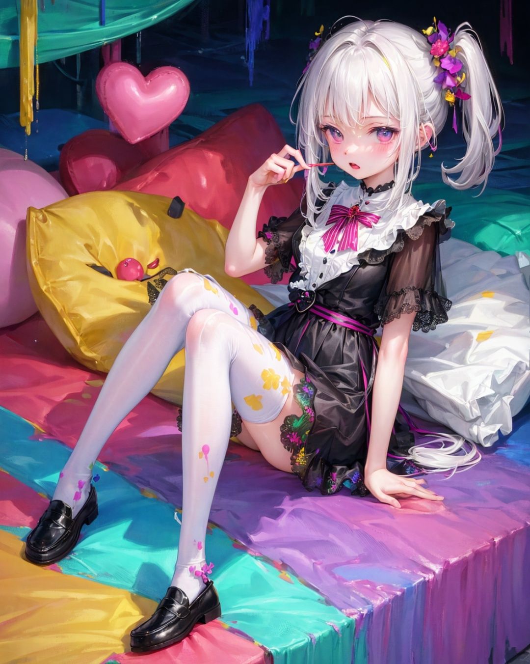 //,masterpiece,((best quality)),(ultra-detailed),(illustration),an extremely delicate and beautiful,dynamic angle,chromatic aberration,((Medium shot)),((colorful)),//,(full body:0.8),1girl,little girl,stampede,full view,stockings_painting,loafers,Paint splash,tie-dye,(pale skin),white hair,side ponytail,