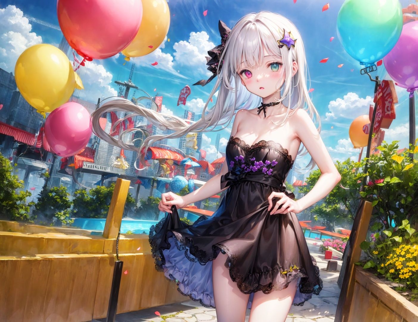 (masterpiece:1.3),((game cg)),(illustration:1.6),((best quality)),((ultra-detailed)),highres,original,shadow,official wallpaper,colorful,amusement park,balloon,ferris wheel,disney,summer,fountain,tree,fog,(cloudy sky),falling petals,(flower),(cowboy shot),[(1girl:1.2,solo,standing,cute:1.1,heterochromia,(slim legs),(Lolita dress),(((pale skin))),bare shoulders,topless,cleavage,((strapless)),clavicle,(white  hair),long hair,looking at viewer,hair ornament)]:0.3,