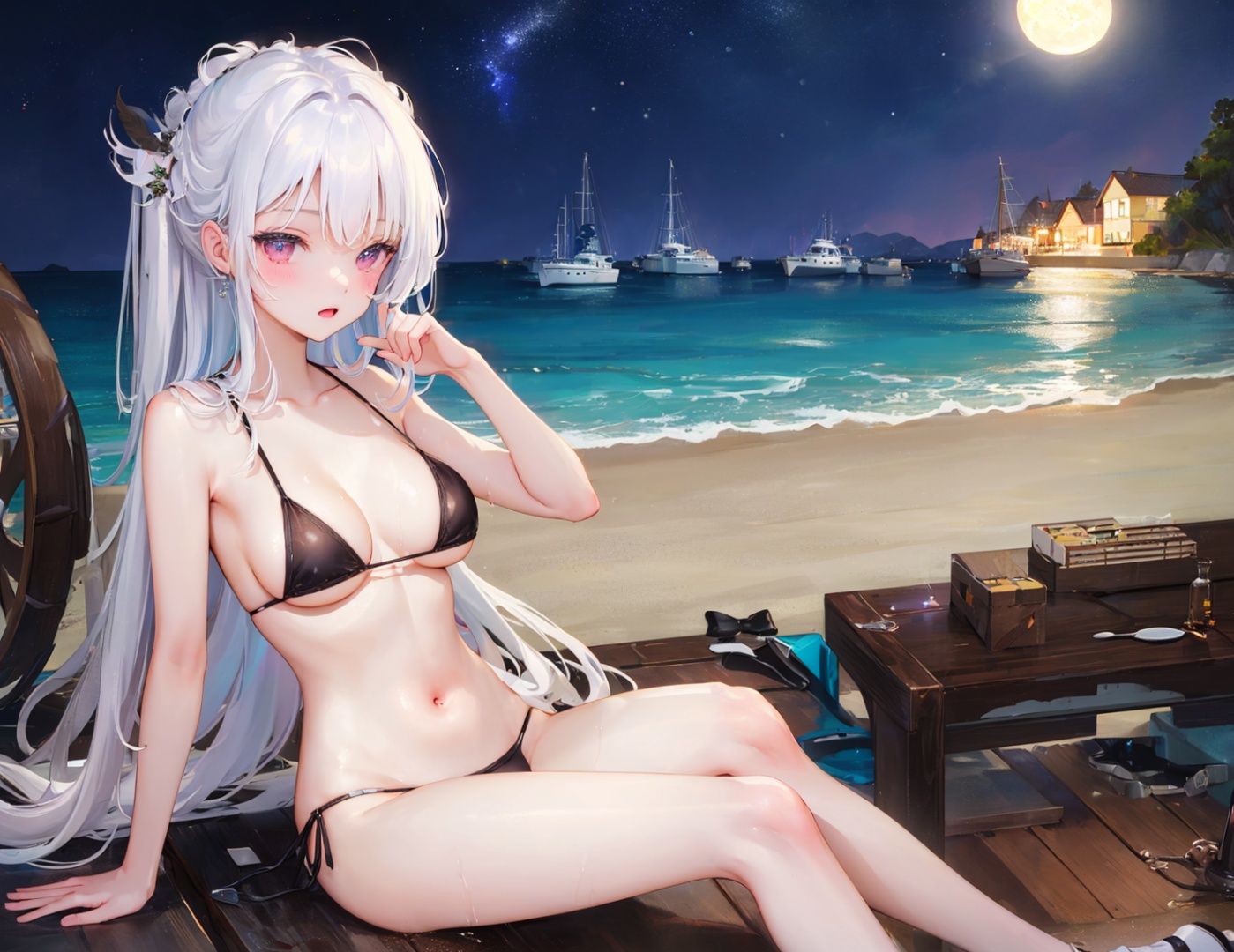 1girl,Seaside,Night,Galaxy,Moonlight,Beautiful light,wet,pale skin,white micro bikini,sitting,Small Island,(big breasts:0.9),Beach,Harbour,