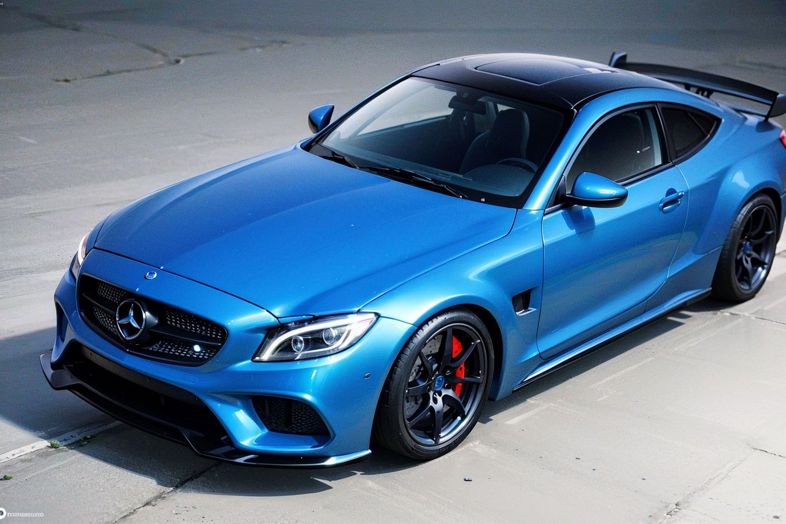 ((masterpiece,best quality)), ultra-detailed, 4k, cinematic, blue widebody sports car, onyx black mercedes CLS,   
, <lora:EMS-591-EMS:0.6>
