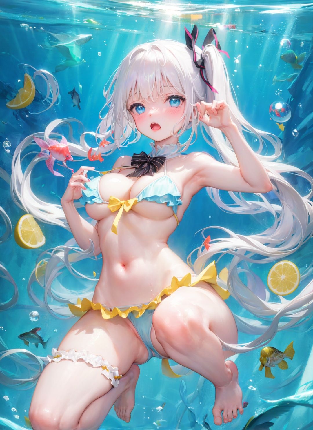 (1girl:1.2),(bubble:1.2),(rating:safe:1.2),(underwater:1.2),(air_bubble:1.2),(long_hair:1.2),(swimsuit:1.1),(fish:1.1),(water:1.1),(bikini:1.1),(blue_eyes),(ocean),(breasts),(barefoot),solo,very_long_hair,armpits,freediving,navel,bare_shoulders,bow,frills,looking_at_viewer,parted_lips,swimming,coral,frilled_bikini,shell,jewelry,bangs,(big_breasts:1.3),water_drop,caustics,bare_legs,light_rays,eyebrows_visible_through_hair,white_bikini,horizon,thighs,lemon,blush,hair_bow,on_back,sunlight,arms_up,blue_bow,outdoors,thigh_strap,bare_arms,(pale skin:1.2),(Flat lower abdomen:1.2),white hair,(side ponytail:1.1),